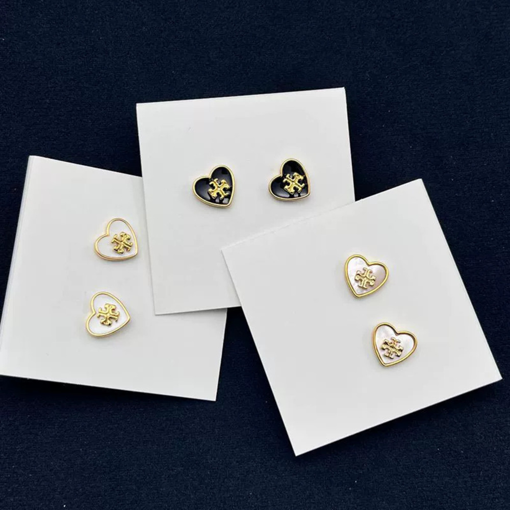 Tory Burch Natural Shell Heart Stud Earrings Pair Enamel Inlay